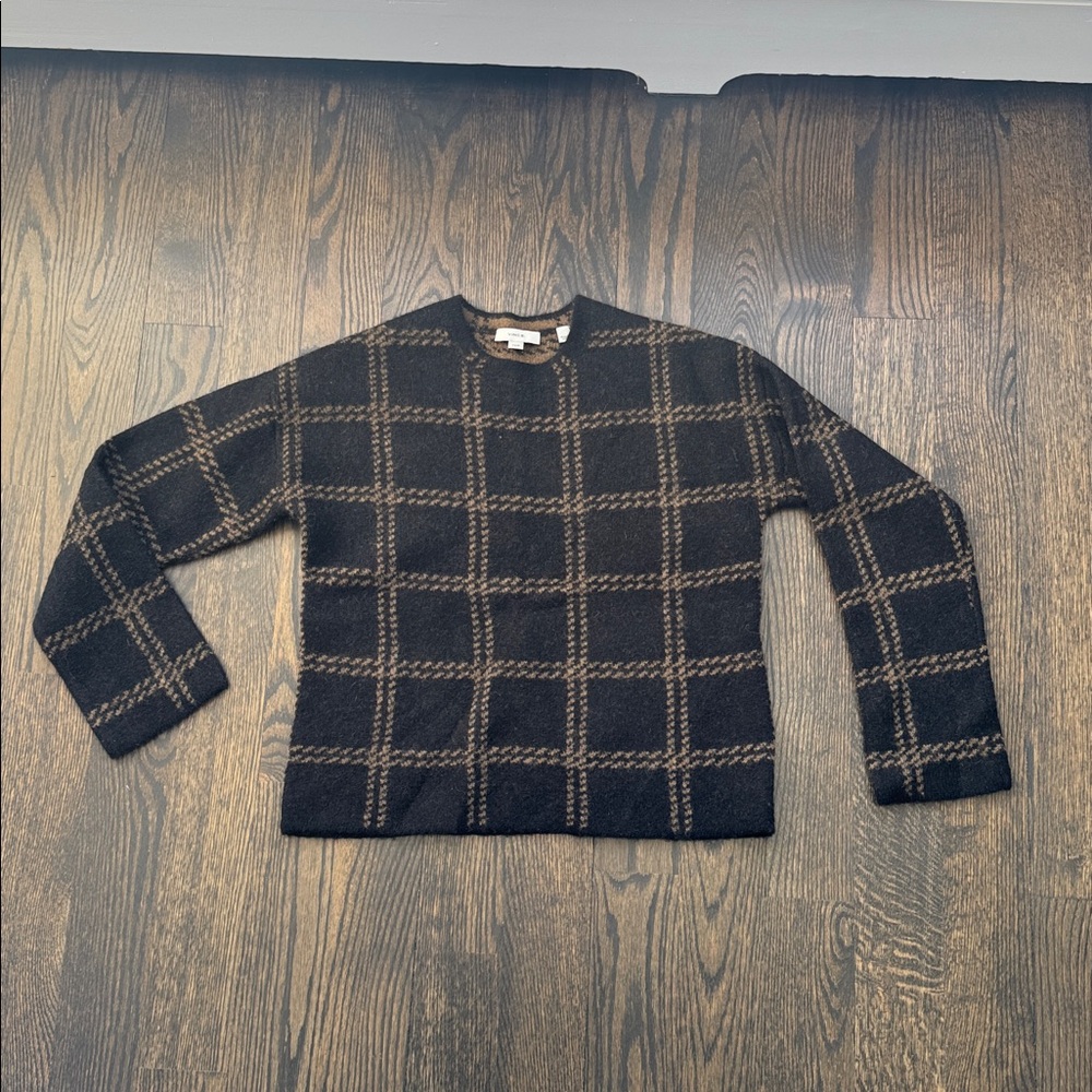 Vince Black and Brown Plaid Crewneck Wool Sweater